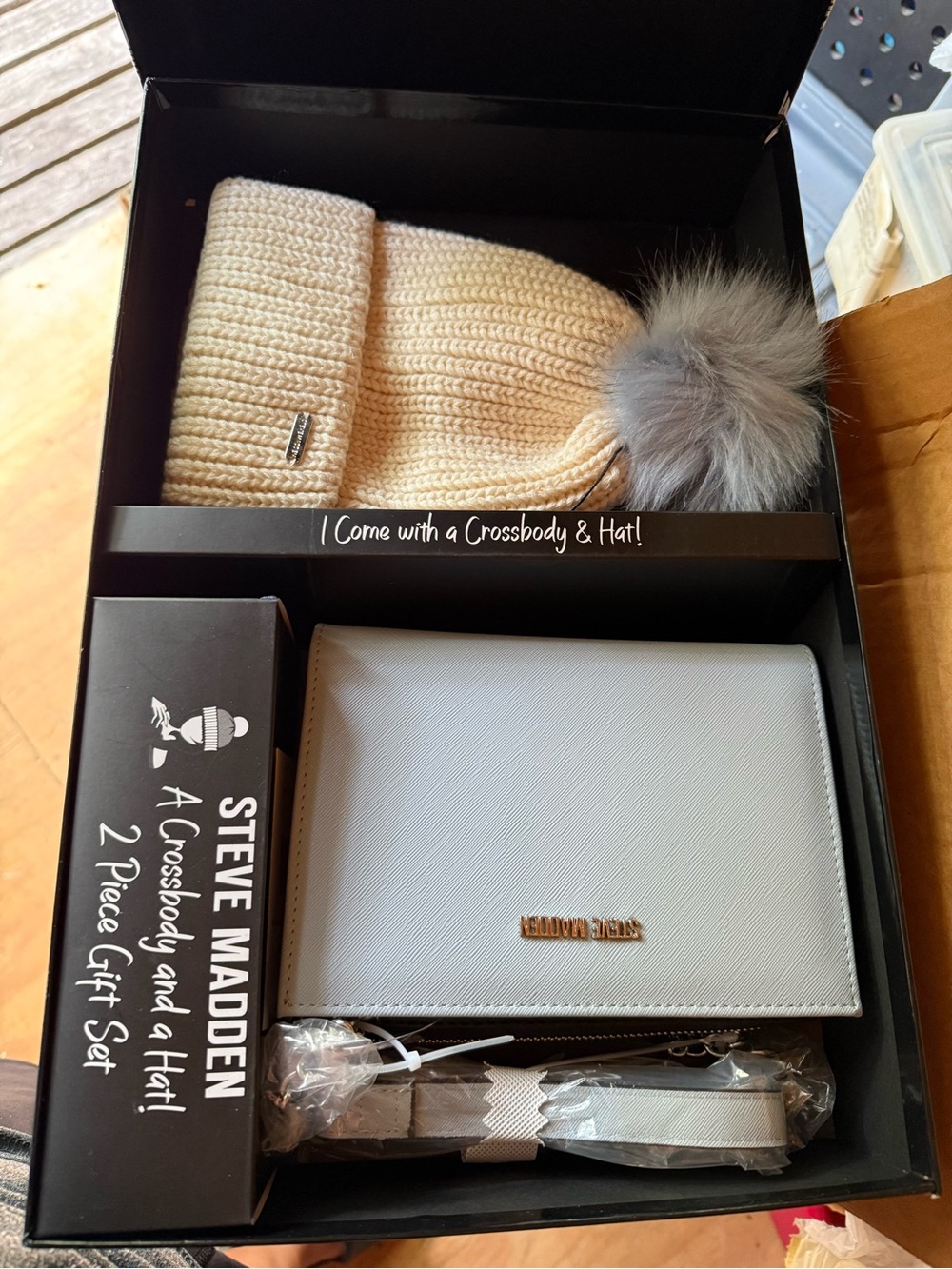 Steve Madden Cream Crossbody Wallet with Knit Pom-Pom Beanie